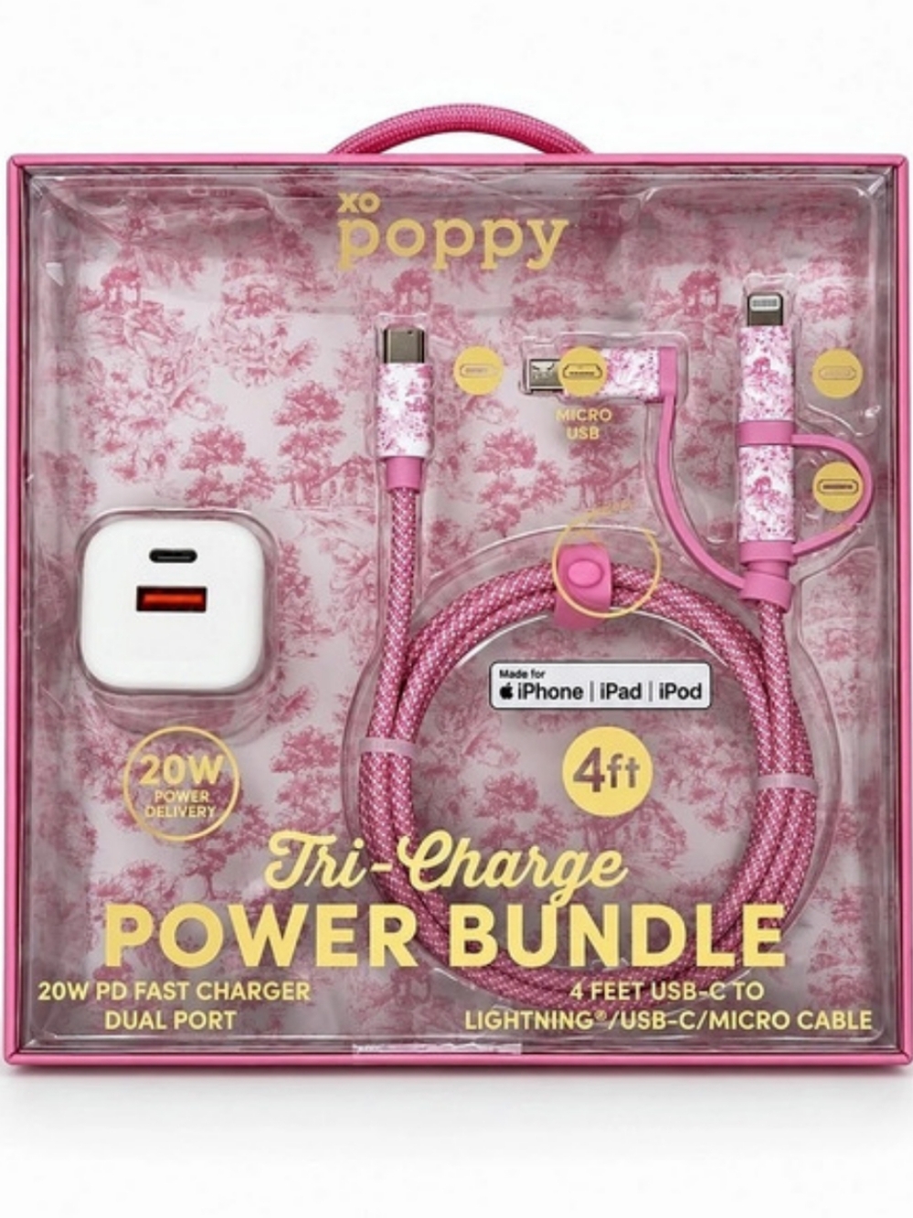 XO Poppy Tri-Charge Power Bundle Pink 20W Charger & 4ft Cable NWT